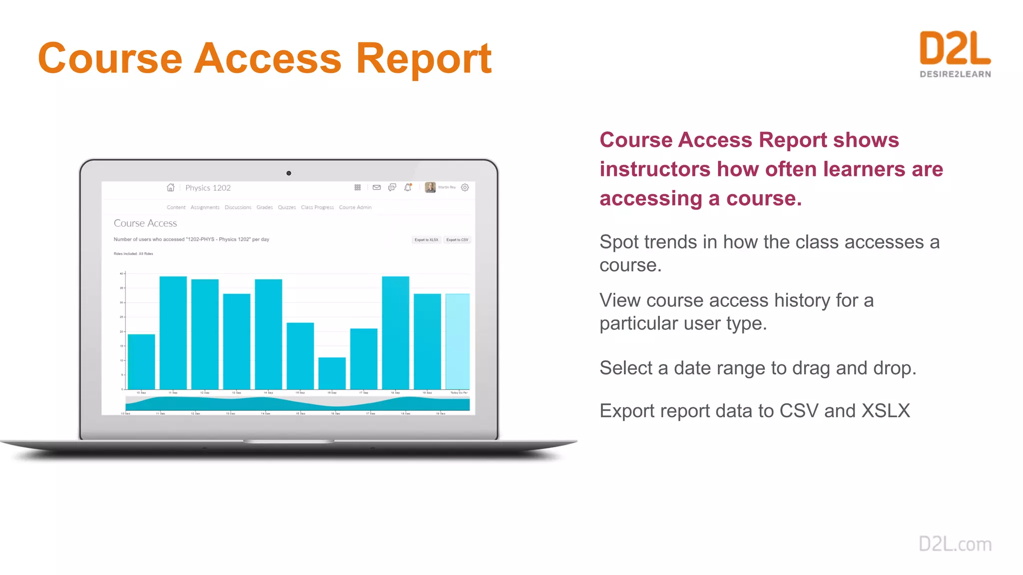 Course Access Report
Course Access Report shows
instructors how often learners are
accessing a course.
Spot trends in how the class accesses a
course.
View course access history for a
particular user type.
Select a date range to drag and drop.
Export report data to CSV and XSLX
 