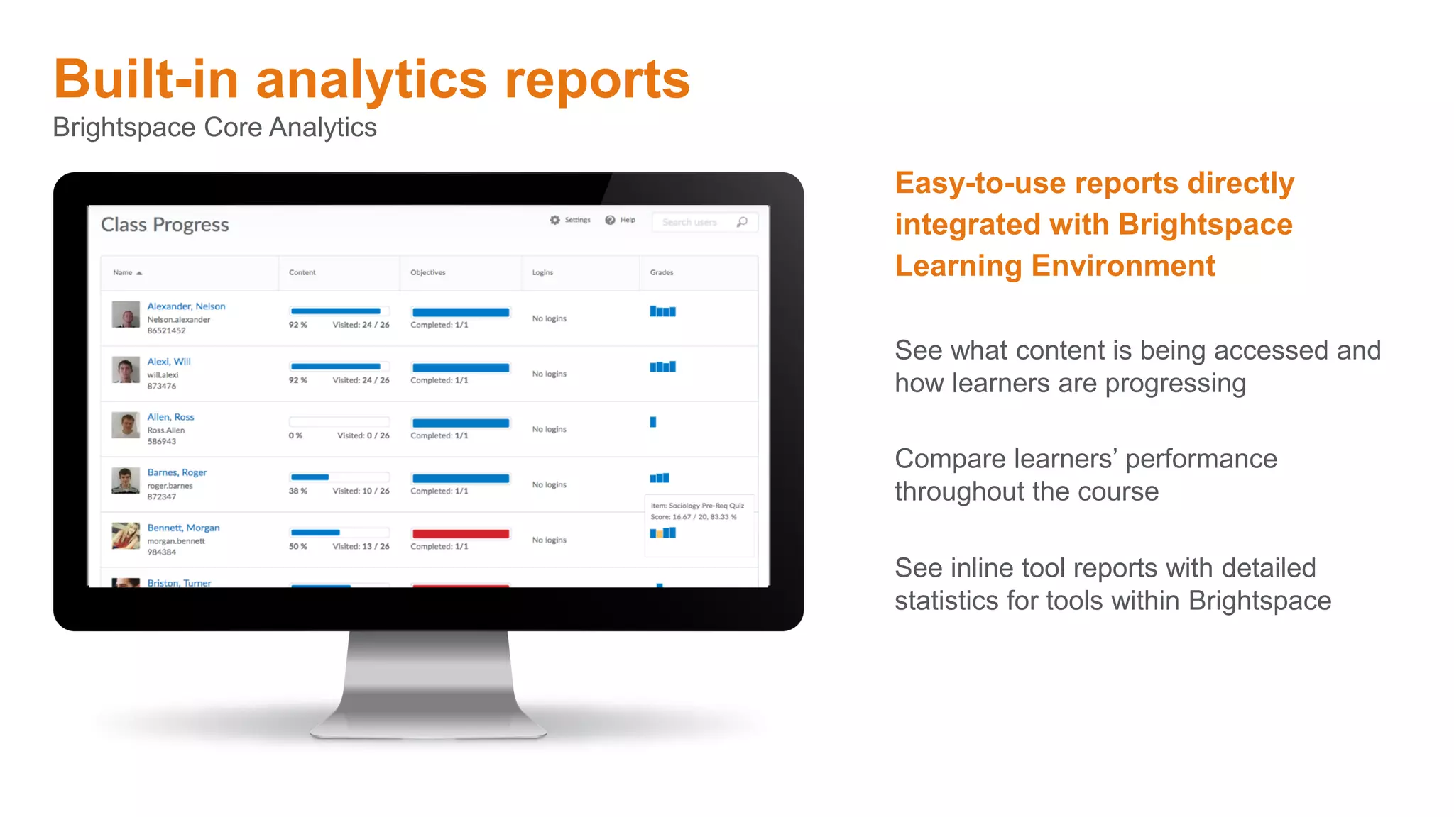 Built-in analytics reports
Brightspace Core Analytics
Easy-to-use reports directly
integrated with Brightspace
Learning Environment
See inline tool reports with detailed
statistics for tools within Brightspace
See what content is being accessed and
how learners are progressing
Compare learners’ performance
throughout the course
 