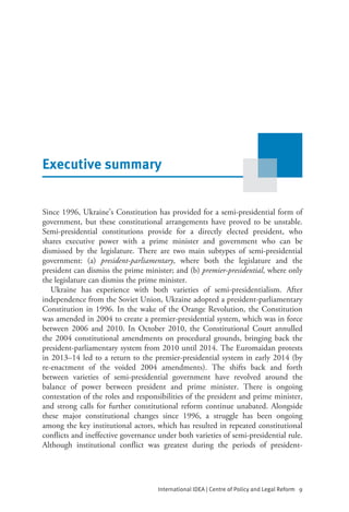 International IDEA | Centre of Policy and Legal Reform   9
Executive summary
Executive summary
Since 1996, Ukraine’s Const...
