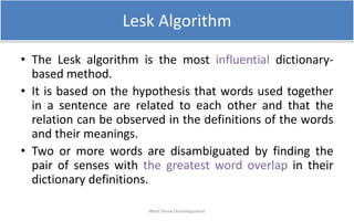 Lesk Algorithm Nlp Semi supervised approach for word sense disambiguation | PPTX