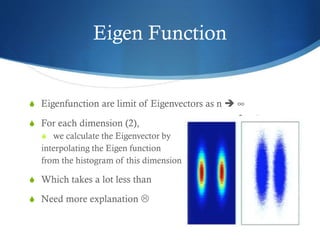 Eigen Function

S Eigenfunction are limit of Eigenvectors as n  ∞
S For each dimension (2),
S we calculate the Eigenvector by
interpolating the Eigen function
from the histogram of this dimension
S Which takes a lot less than
S Need more explanation 

 