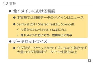  他ドメインにおける精度
 本実験では訓練データのドメインはニュース
 SemEval 2017 Shared Task10, ScienceIE
✓ F1値を49.93から54.05(+4.12)に向上
✓ 他ドメインにおいても、性能向上に寄与
 データセットサイズ
 タグ付データセットのサイズにあまり依存せず
大量のタグ付訓練データでも性能を向上
13
4.2 実験
 