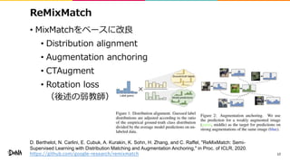 ReMixMatch
• MixMatchをベースに改良
• Distribution alignment
• Augmentation anchoring
• CTAugment
• Rotation loss
（後述の弱教師）
17
D. ...