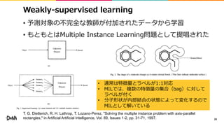 Weakly-supervised learning
• 予測対象の不完全な教師が付加されたデータから学習
• もともとはMultiple Instance Learning問題として提唱された
28
T. G. Dietterich, R. ...