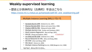 Weakly-supervised learning
• 歴史とか具体的な（古典的）手法はこちら
https://www.mi.t.u-tokyo.ac.jp/kanezaki/pdf/3D_and_weaklearning.pdf
32
 