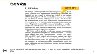 色々な定義
4
X. Zhu, "Semi-supervised learning literature survey," in Tech. rep. 1530, University of Wisconsin-Madison,
2005.
P...