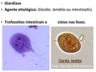 • Giardíase
• Agente etiológico: Giardia lamblia ou intestinalis).
• Trofozoítos intestinais e cistos nas fezes.
 