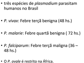 • três espécies de plasmodium parasitam
humanos no Brasil
• P. vivax: Febre terçã benigna (48 hs.)
• P. malarie: Febre quartã benigna ( 72 hs.)
• P. falciparum: Febre terçã maligna (36 –
48 hs.)
• O P. ovale é restrito na África.
 