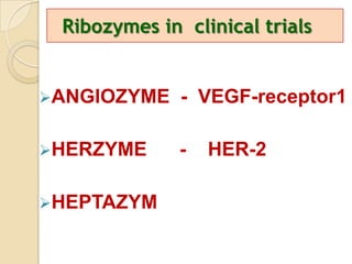 Ribozymes in clinical trials


ANGIOZYME    - VEGF-receptor1

HERZYME      -   HER-2

HEPTAZYM
 