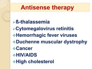 Antisense therapy

ß-thalassemia
Cytomegalovirus  retinitis
Hemorrhagic fever viruses
Duchenne muscular dystrophy
Cancer
HIV/AIDS
High cholesterol
 