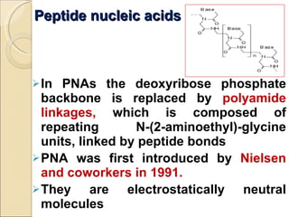 Peptide nucleic acids In PNAs the deoxyribose phosphate backbone is replaced by  polyamide linkages,  which is composed of repeating N-(2-aminoethyl)-glycine units, linked by peptide bonds  PNA was first introduced by  Nielsen and coworkers in 1991. They are electrostatically neutral molecules 
