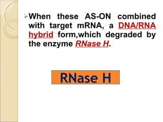 When these AS-ON combined with target mRNA, a  DNA/RNA   hybrid   form,which degraded by the enzyme  RNase H . RNase H 
