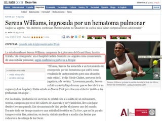 Serena Williams sufre embolia
pulmonar antes del parto
 
