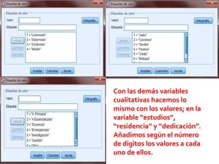 Con las demás variables
cualitativas hacemos lo
mismo con los valores; en la
variable “estudios”,
“residencia” y “dedicación”.
Añadimos según el número
de dígitos los valores a cada
uno de ellos.
 