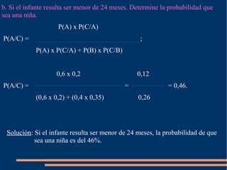 b. Si el infante resulta ser menor de 24 meses. Determine la probabilidad que
sea una niña.
P(A) x P(C/A)
P(A/C) = ;
P(A) x P(C/A) + P(B) x P(C/B)
0,6 x 0,2 0,12
P(A/C) = = = 0,46.
(0,6 x 0,2) + (0,4 x 0,35) 0,26
Solución: Si el infante resulta ser menor de 24 meses, la probabilidad de que
sea una niña es del 46%.
 