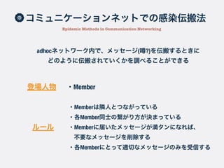 SIRモデル
The SIR Model (2)
(1)
(3)
(2)
・S: 非感染者
・I: 感染者
・R: 抗体を持った者
・r: 感染率
・a: 除染率
とすると、
 