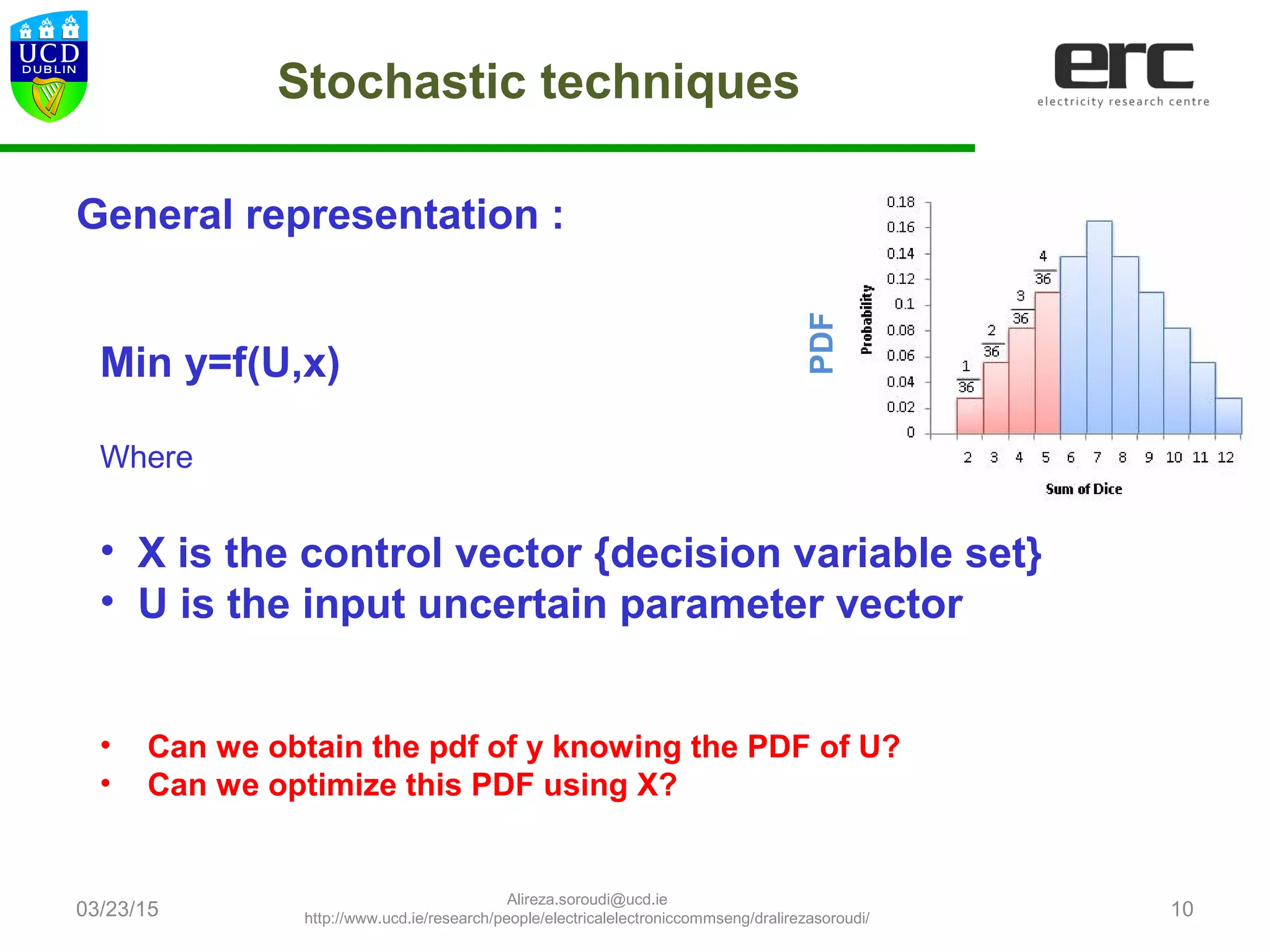 Stochastic techniques
General representation :
03/23/15 10
Min y=f(U,x)
Where
• X is the control vector {decision variable set}
• U is the input uncertain parameter vector
• Can we obtain the pdf of y knowing the PDF of U?
• Can we optimize this PDF using X?
PDF
Alireza.soroudi@ucd.ie
http://www.ucd.ie/research/people/electricalelectroniccommseng/dralirezasoroudi/
 