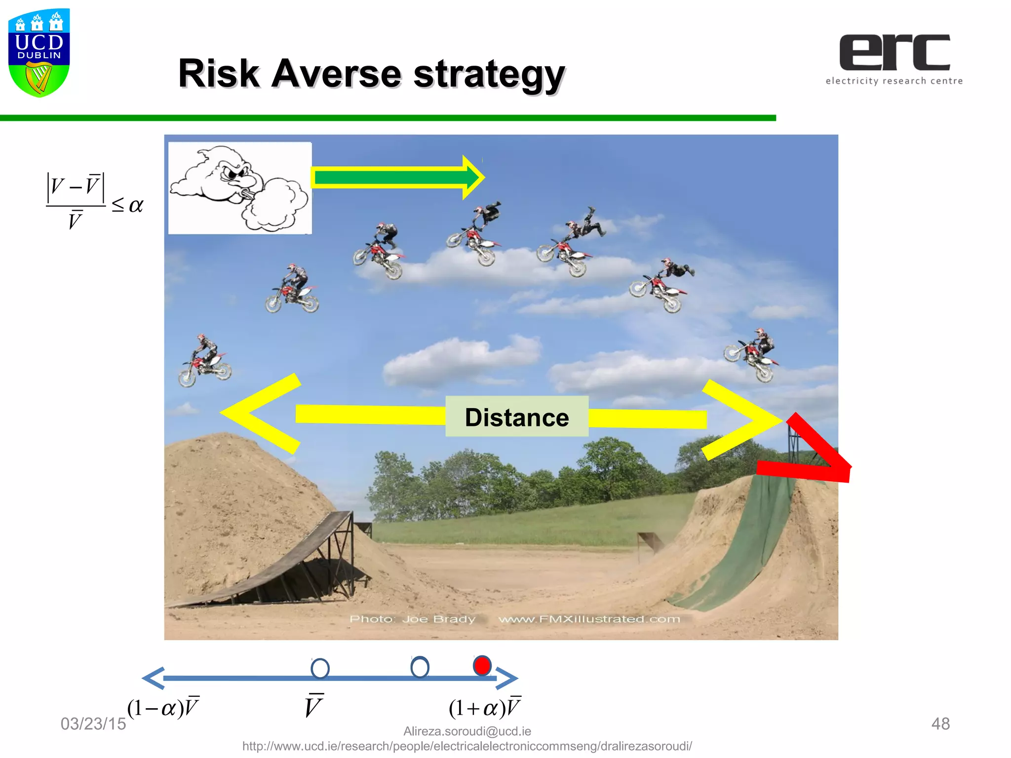 03/23/15 48
Distance
Risk Averse strategyRisk Averse strategy
V V
V
α
−
≤
(1 )Vα− (1 )Vα+V
Alireza.soroudi@ucd.ie
http://www.ucd.ie/research/people/electricalelectroniccommseng/dralirezasoroudi/
 