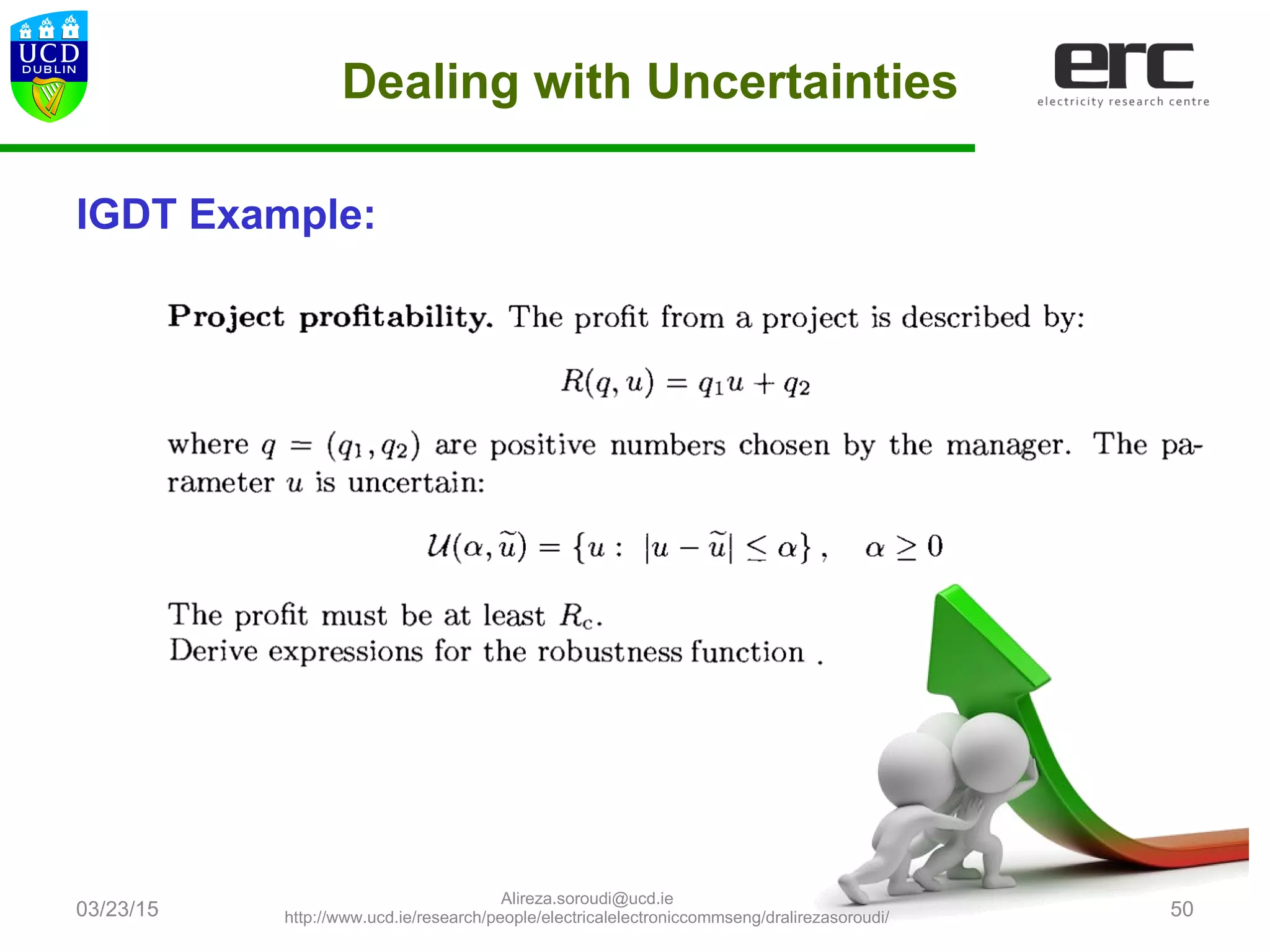 Dealing with Uncertainties
IGDT Example:
03/23/15 50
Alireza.soroudi@ucd.ie
http://www.ucd.ie/research/people/electricalelectroniccommseng/dralirezasoroudi/
 