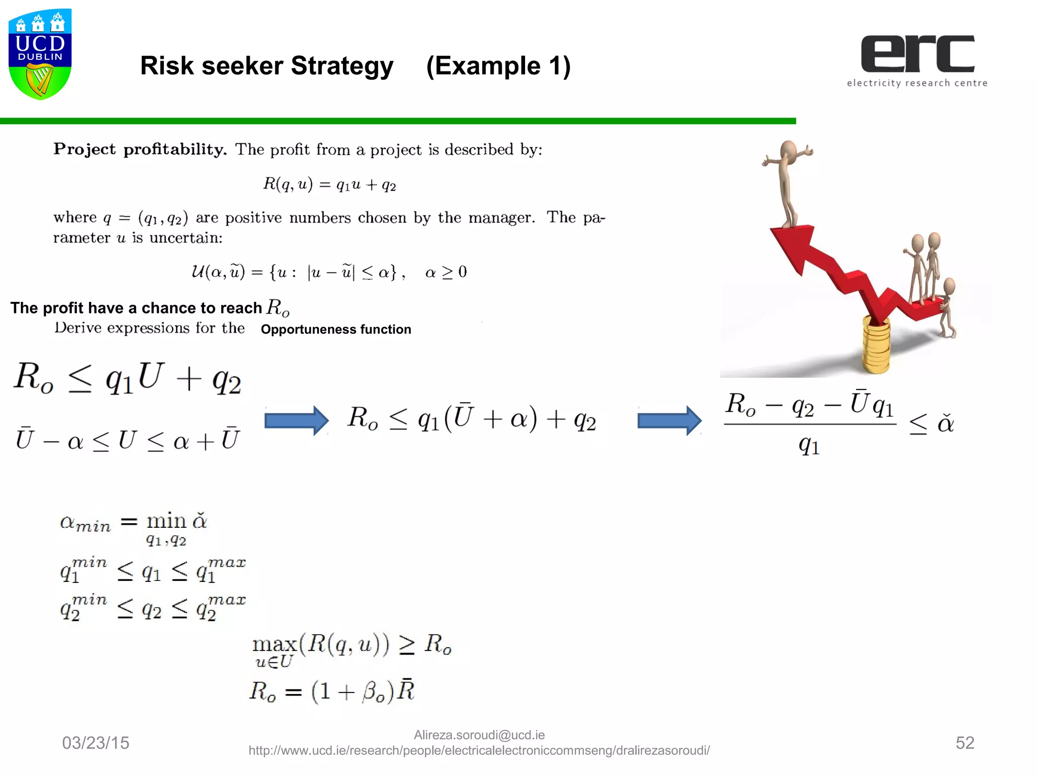 03/23/15 52
Opportuneness function
Risk seeker Strategy (Example 1)
The profit have a chance to reach
Alireza.soroudi@ucd.ie
http://www.ucd.ie/research/people/electricalelectroniccommseng/dralirezasoroudi/
 