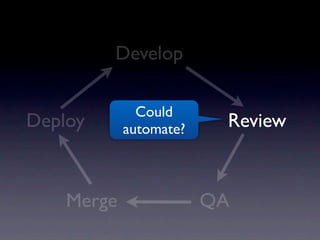 Develop

              Could
Deploy      automate?    Review



    Merge               QA
 