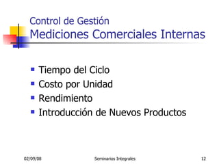 Control de Gestión Mediciones Comerciales Internas Tiempo del Ciclo Costo por Unidad Rendimiento Introducción de Nuevos Productos 