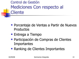 Control de Gestión Mediciones Con respecto al Cliente Porcentaje de Ventas a Partir de Nuevos Productos Entrega a Tiempo Participación de Compras de Clientes Importantes Ranking de Clientes Importantes 