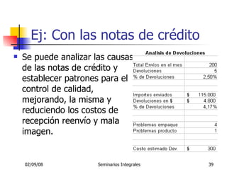 Ej:  Con las notas de crédito Se puede analizar las causas de las notas de crédito y establecer patrones para el control de calidad, mejorando, la misma y reduciendo los costos de recepción reenvío y mala imagen. 