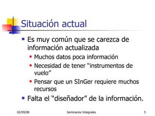 Situación actual Es muy común que se carezca de información actualizada Muchos datos poca información Necesidad de tener “instrumentos de vuelo” Pensar que un SInGer requiere muchos recursos Falta el “diseñador” de la información. 
