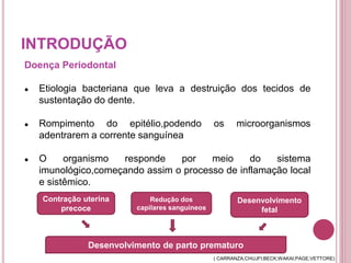 INTRODUÇÃO
Doença Periodontal
● Etiologia bacteriana que leva a destruição dos tecidos de
sustentação do dente.
● Rompimento do epitélio,podendo os microorganismos
adentrarem a corrente sanguínea
● O organismo responde por meio do sistema
imunológico,começando assim o processo de inflamação local
e sistêmico.
( CARRANZA;CHUJFI;BECK;WAKAI;PAGE;VETTORE)
Desenvolvimento de parto prematuro
Contração uterina
precoce
Redução dos
capilares sanguíneos
Desenvolvimento
fetal
 