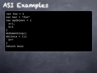 ASI Examples
var foo = 3
var bar = “foo”
var myObject = {
  a:1,
  b:2
}
doSomething()
while(a < 1){
  b++
}
return buzz
 