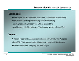 – Migriert eine physikalischen Maschine in eine virtuelle
         – Überträgt auch Virtuelle Maschinen anderer Hersteller
             • für Microsoft Virtual Server 2005
             Unterstützte Betriebssysteme:
             • Windows NT 4.0 SP6a
             • Windows 2000 = SP4
             • Windows Server 2003




17                                                    GFU Cyrus + Rölke mbH, Ralph Vergin, Dipl.-Inform., MCSE, VCP
                                                                                                   semicolon@gfu.net
 