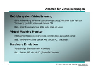 $QVlW]H IU 9LUWXDOLVLHUXQJHQ

    %HWULHEVVVWHP9LUWXDOLVLHUXQJ
       Einer Anwendung wird eine Laufzeitumgebung (Container oder Jail) zur
       Verfügung gestellt, kein zusätzliches OS
       Bsp.: OpenSolaris Zoning, BSD jails, Mac-on-Linux

    9LUWXDO 0DFKLQH 0RQLWRU
       Intelligente Ressourcenverteilung, vollständiges zusätzliches OS
       Bsp.: VMware WS und Server, MS Virtual PC, VirtualBox

    +DUGZDUH (PXODWLRQ
       Vollständige Simulation der Hardware
       Bsp.: Bochs, MS Virtual PC (PowerPC-Version)




4                                                 GFU Cyrus + Rölke mbH, Ralph Vergin, Dipl.-Inform., MCSE, VCP
                                                                                               semicolon@gfu.net
 