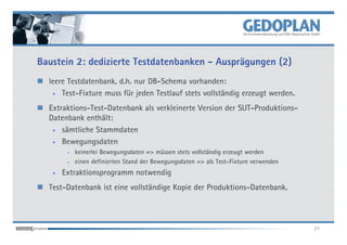 Baustein 2: dedizierte Testdatenbanken - Ausprägungen (2)
  leere Testdatenbank, d.h. nur DB-Schema vorhanden:
   • Test-Fixture muss für jeden Testlauf stets vollständig erzeugt werden.


  Extraktions-Test-Datenbank als verkleinerte Version der SUT-Produktions-
  Datenbank enthält:
   • sämtliche Stammdaten

   • Bewegungsdaten

        •   keinerlei Bewegungsdaten => müssen stets vollständig erzeugt werden
        •   einen definierten Stand der Bewegungsdaten => als Test-Fixture verwenden
   •   Extraktionsprogramm notwendig
  Test-Datenbank ist eine vollständige Kopie der Produktions-Datenbank.



                                                                                       21
 
