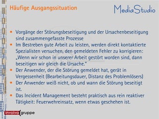 Häufige Ausgangssituation


• Vorgänge der Störungsbeseitigung und der Ursachenbeseitigung
  sind zusammengefasste Prozesse
• Im Bestreben gute Arbeit zu leisten, werden direkt kontaktierte
  Spezialisten versuchen, den gemeldeten Fehler zu korrigieren:
  „Wenn wir schon in unserer Arbeit gestört worden sind, dann
  beseitigen wir gleich die Ursache.“
• Der Anwender, der die Störung gemeldet hat, gerät in
  Vergessenheit (Bearbeitungsdauer, Distanz des Problemlösers)
• Der Anwender weiß nicht, ob und wann die Störung beseitigt
  ist.
• Das Incident Management besteht praktisch aus rein reaktiver
  Tätigkeit: Feuerwehreinsatz, wenn etwas geschehen ist.
 