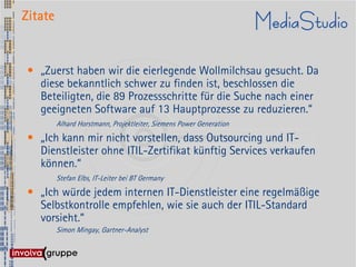 Zitate


 • „Zuerst haben wir die eierlegende Wollmilchsau gesucht. Da
   diese bekanntlich schwer zu finden ist, beschlossen die
   Beteiligten, die 89 Prozessschritte für die Suche nach einer
   geeigneten Software auf 13 Hauptprozesse zu reduzieren.“
         Alhard Horstmann, Projektleiter, Siemens Power Generation
 • „Ich kann mir nicht vorstellen, dass Outsourcing und IT-
   Dienstleister ohne ITIL-Zertifikat künftig Services verkaufen
   können.“
         Stefan Elbs, IT-Leiter bei BT Germany
 • „Ich würde jedem internen IT-Dienstleister eine regelmäßige
   Selbstkontrolle empfehlen, wie sie auch der ITIL-Standard
   vorsieht.“
         Simon Mingay, Gartner-Analyst
 