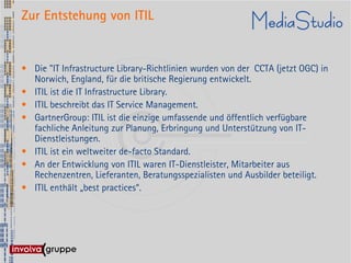 Zur Entstehung von ITIL


• Die "IT Infrastructure Library-Richtlinien wurden von der CCTA (jetzt OGC) in
  Norwich, England, für die britische Regierung entwickelt.
• ITIL ist die IT Infrastructure Library.
• ITIL beschreibt das IT Service Management.
• GartnerGroup: ITIL ist die einzige umfassende und öffentlich verfügbare
  fachliche Anleitung zur Planung, Erbringung und Unterstützung von IT-
  Dienstleistungen.
• ITIL ist ein weltweiter de-facto Standard.
• An der Entwicklung von ITIL waren IT-Dienstleister, Mitarbeiter aus
  Rechenzentren, Lieferanten, Beratungsspezialisten und Ausbilder beteiligt.
• ITIL enthält „best practices“.
 