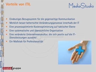 Vorteile von ITIL


• Eindeutiges Bezugssystem für die gegenseitige Kommunikation
• Merklich besser beherrschte Veränderungsprozesse innerhalb der IT
• Eine prozessoptimierte Kostenoptimierung auf taktischer Ebene
• Eine systematische und übersichtliche Organisation
• Eine veränderte Unternehmenskultur, die sich positiv auf die IT-
  Dienstleistungen auswirkt
• Ein Maßstab für Professionalität
 