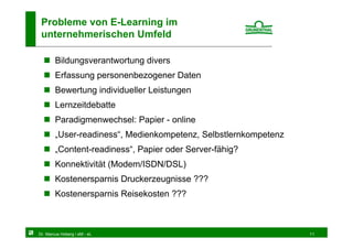Probleme von E-Learning im
 unternehmerischen Umfeld

        Bildungsverantwortung divers
        Erfassung personenbezogener Daten
        Bewertung individueller Leistungen
        Lernzeitdebatte
        Paradigmenwechsel: Papier - online
        „User-readiness“, Medienkompetenz, Selbstlernkompetenz
        „Content-readiness“, Papier oder Server-fähig?
        Konnektivität (Modem/ISDN/DSL)
        Kostenersparnis Druckerzeugnisse ???
        Kostenersparnis Reisekosten ???



Dr. Marcus Hoberg / eM - eL                                      11
 