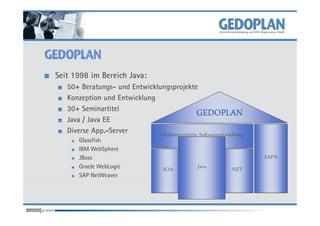 Seit 1998 im Bereich Java:
   50+ Beratungs- und Entwicklungsprojekte
   Konzeption und Entwicklung
   30+ Seminartitel
                                                  GEDOPLAN
   Java / Java EE
   Diverse App.-Server         Objektorientierte Softwareentwicklung
       Glassfish
       IBM WebSphere
       JBoss                                                           SAP®
       Oracle WebLogic                SOA         Java         .NET
       SAP NetWeaver
 