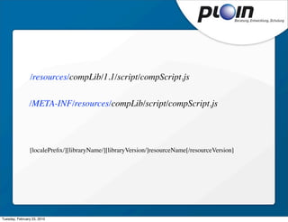 /resources/compLib/1.1/script/compScript.js

                /META-INF/resources/compLib/script/compScript.js




                [localePreﬁx/][libraryName/][libraryVersion/]resourceName[/resourceVersion]




Tuesday, February 23, 2010
 
