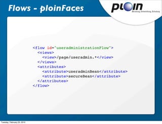 Flows - ploinFaces



                             <flow id="useradministrationFlow">
                               <views>
                                 <view>/page/useradmin.*</view>
                               </views>
                               <attributes>
                                 <attribute>useradminBean</attribute>
                                 <attribute>secureBean</attribute>
                               </attributes>
                             </flow>




Tuesday, February 23, 2010
 
