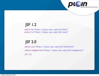 JSF 1.2
                             xmlns:h="http://java.sun.com/jsf/html"
                             xmlns:f="http://java.sun.com/jsf/core"




                             JSF 2.0
                             xmlns:ui="http://java.sun.com/jsf/facelets"
                             xmlns:composite="http://java.sun.com/jsf/composite"

                             jsf.js




Tuesday, February 23, 2010
 
