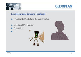 Erweiterungen: Extreme Feedback

  Prominente Darstellung des Build-Status

  Emotional Mr. Hudson
  Builderlein
  …




                                            28
 