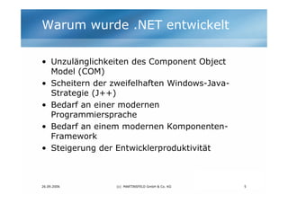 Warum wurde .NET entwickelt

• Unzulänglichkeiten des Component Object
  Model (COM)
• Scheitern der zweifelhaften Windows...