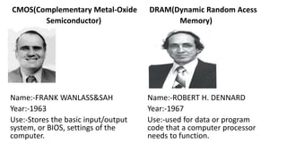 CMOS(Complementary Metal-Oxide
Semiconductor)
Name:-FRANK WANLASS&SAH
Year:-1963
Use:-Stores the basic input/output
system, or BIOS, settings of the
computer.
DRAM(Dynamic Random Acess
Memory)
Name:-ROBERT H. DENNARD
Year:-1967
Use:-used for data or program
code that a computer processor
needs to function.
 