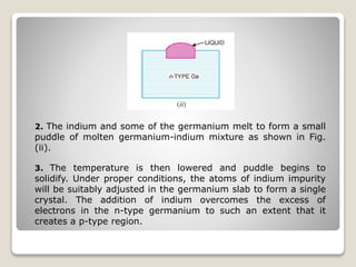 2. The indium and some of the germanium melt to form a small
puddle of molten germanium-indium mixture as shown in Fig.
(ii).
3. The temperature is then lowered and puddle begins to
solidify. Under proper conditions, the atoms of indium impurity
will be suitably adjusted in the germanium slab to form a single
crystal. The addition of indium overcomes the excess of
electrons in the n-type germanium to such an extent that it
creates a p-type region.
 