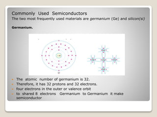 Commonly Used Semiconductors
The two most frequently used materials are germanium (Ge) and silicon(si)
Germanium.
 The atomic number of germanium is 32.
 Therefore, it has 32 protons and 32 electrons.
 four electrons in the outer or valence orbit
 to shared 8 electrons Germanium to Germanium it make
semiconductor
 