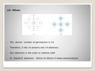 (ii) Silicon
 The atomic number of germanium is 14.
 Therefore, it has 14 protons and 14 electrons.
 four electrons in the outer or valence orbit
 to shared 8 electrons Silicon to Silicon it make semiconductor
 