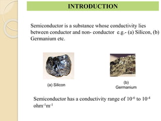 INTRODUCTION
Semiconductor has a conductivity range of 10-6 to 10-4
ohm-1m-1
(a) Silicon
(b)
Germanium
Semiconductor is a substance whose conductivity lies
between conductor and non- conductor e.g.- (a) Silicon, (b)
Germanium etc.
 